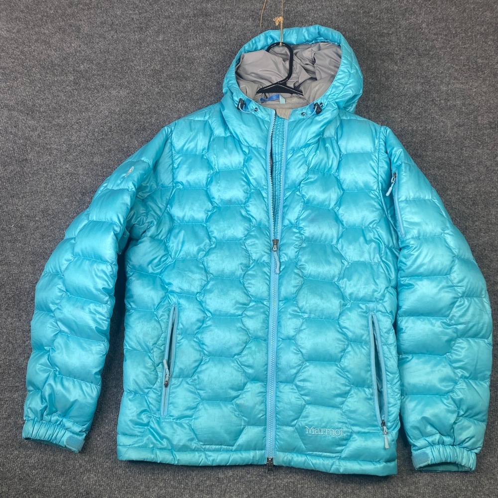 Marmot Womens Turquoise Hexagonal Quilted Hooded Goose Down Puffer Jacket XL